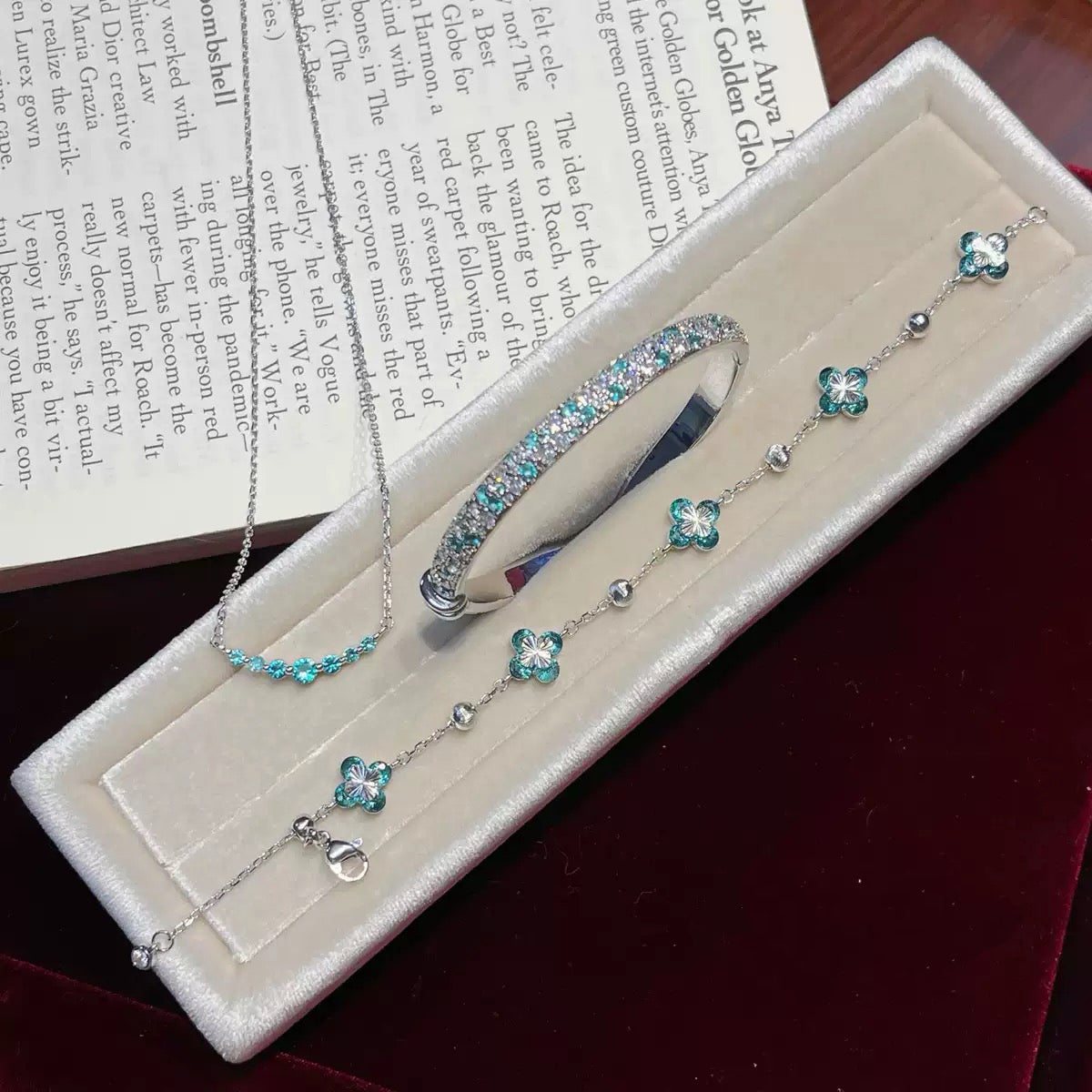 Ocean Bloom Paraiba Color Jewelry Set – Elegant Teal Blue Crystal Necklace & Bracelet Collection