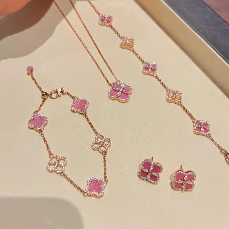 Rose Pink Clover Jewelry Set | Necklace Bracelet Earrings