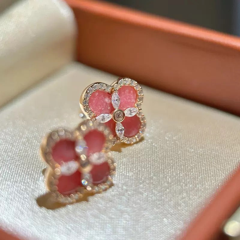 Rose Pink Clover Jewelry Set | Necklace Bracelet Earrings
