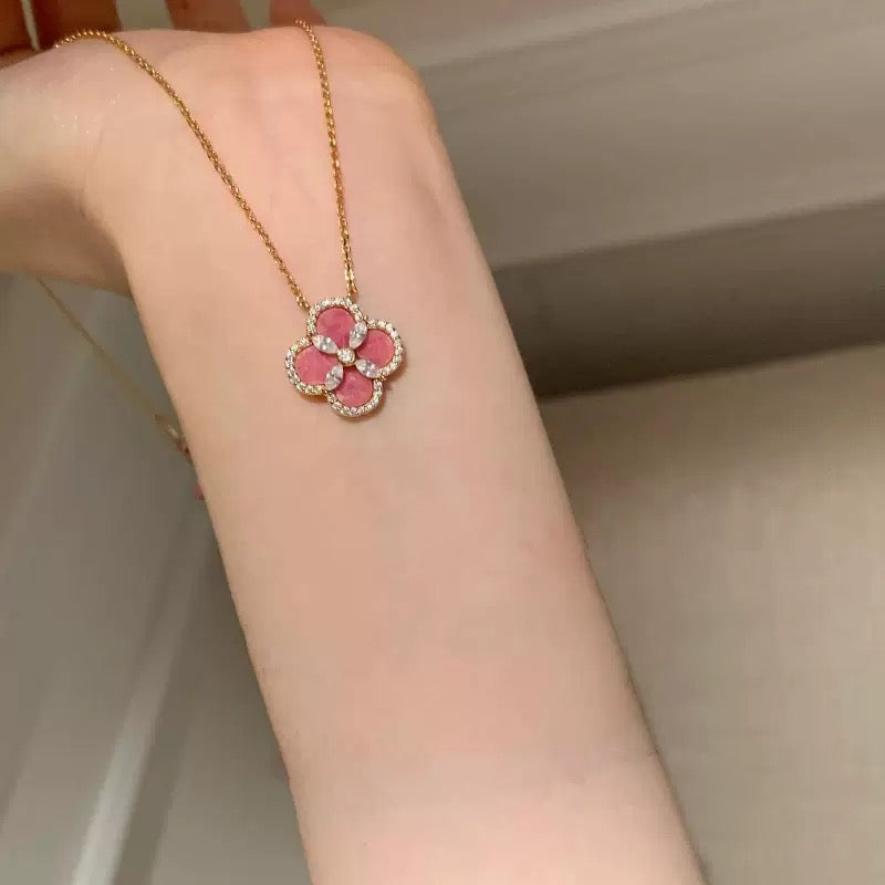 Rose Pink Clover Jewelry Set | Necklace Bracelet Earrings